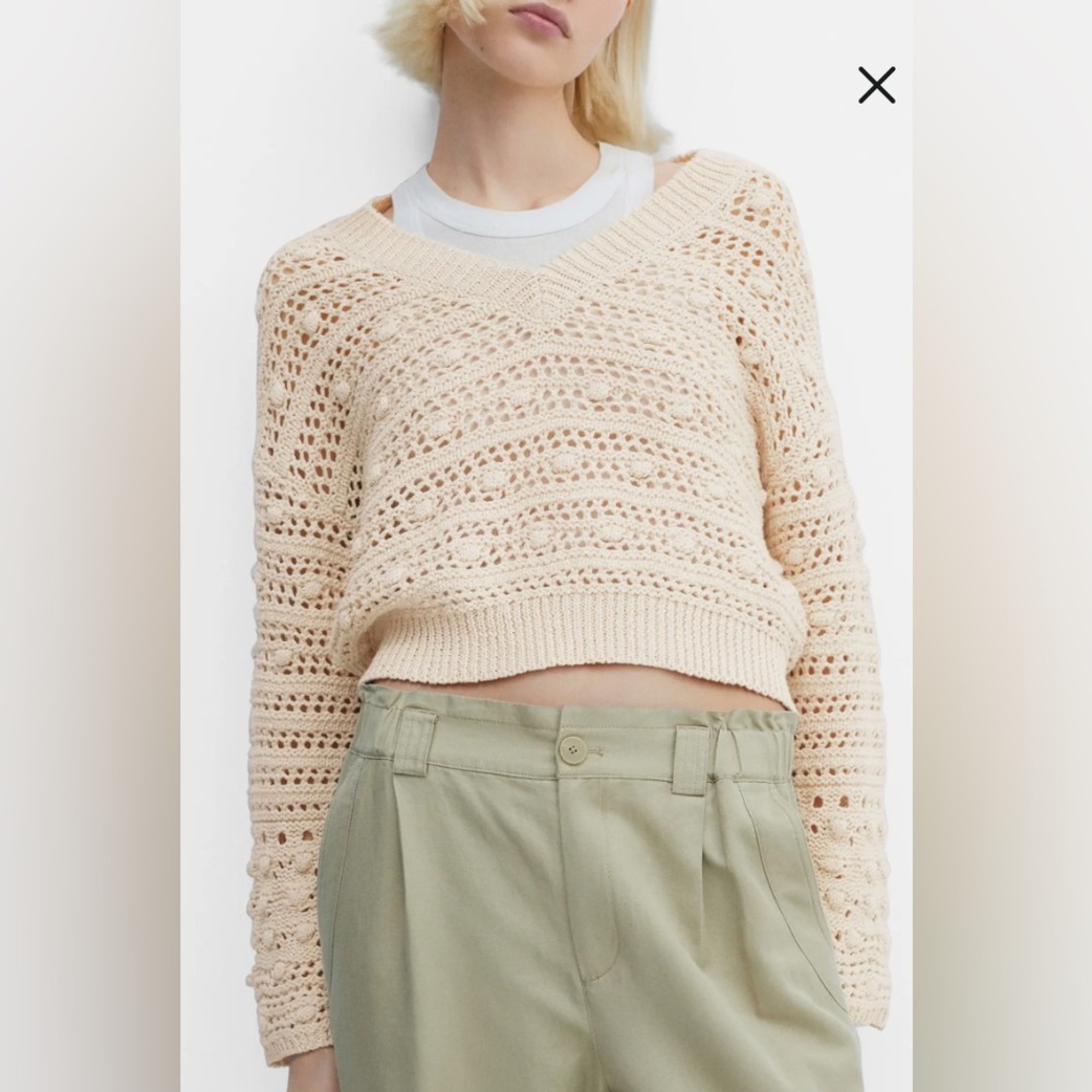 MANGO Openwork Stitch V-Neck Sweater | NWT